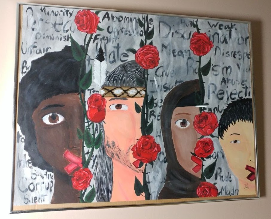 Image of four people with an X on their mouth, surrounded by roses